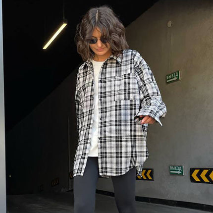 Ladies Fall Winter Casual Pocket Lapel Long Sleeve Neutral Check Shirt