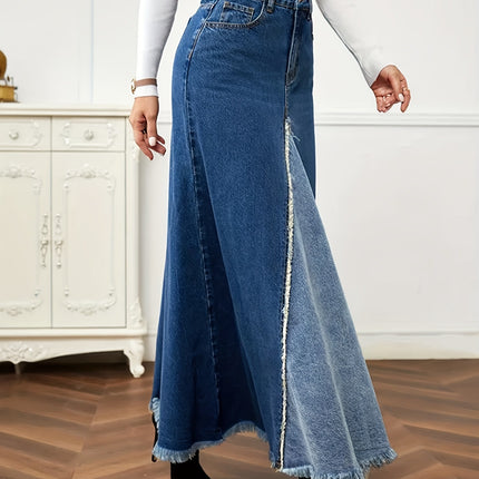 Wholesale Women's Frayed Color Block High Waist Washed Slit Raw Edge Denim Skirt