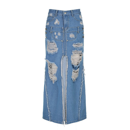 Women's Denim Distressed Ripped High-waisted Zipper Splicing Pockets Slit Loose-fitting Maxi Skirt