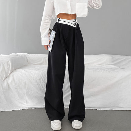 Wholesale Ladies Trousers Casual Pants Summer Wide Leg Pants Stitching Black Trousers