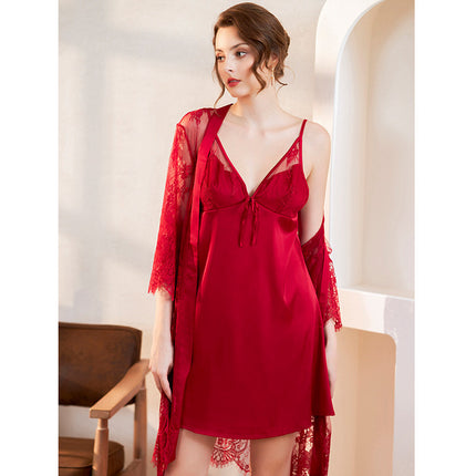 Wholesale Women's Sexy See-through Lace Satin Nightgown Two-piece Set