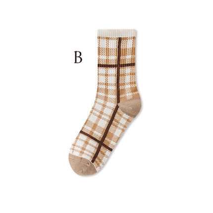 Women's Fall Winter Striped Cotton Pile Socks Plaid Smiley Mid-calf Socks