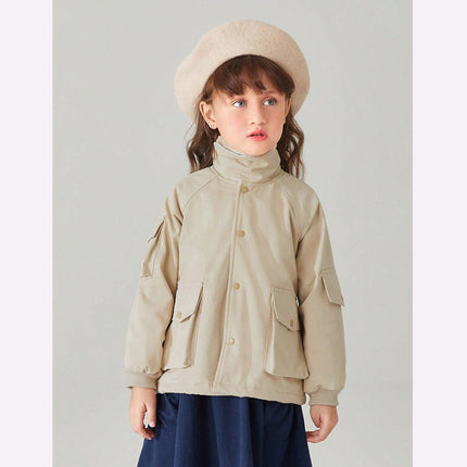 Wholesale Girls Winter Casual Stand Collar Khaki Thickened Windbreaker Jacket