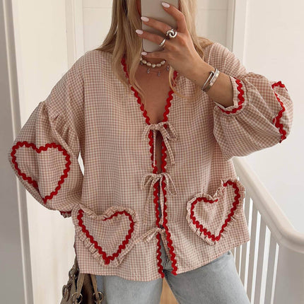 Women's Summer Check Heart Lantern Sleeve V-Neck Ribbon Shirt