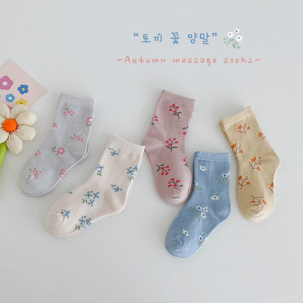 Wholesale 5 Pairs of Kids Fall Flower Plaid Cotton Cute Polka Dot Socks