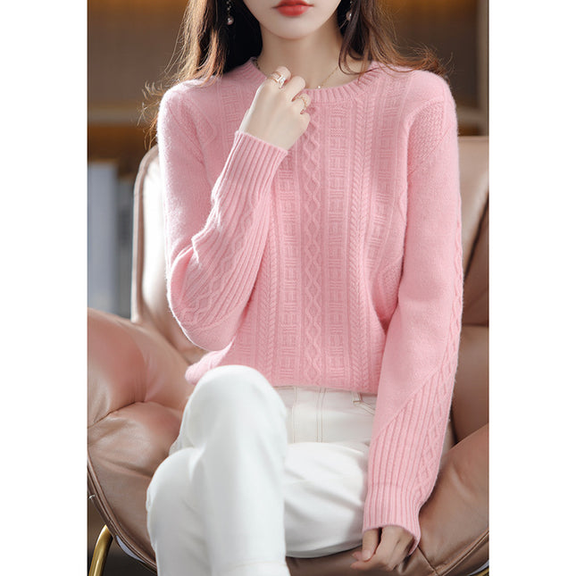 Women's Round Neck 100% Wool Knitted Twisted Thickened Round Neck Sweater