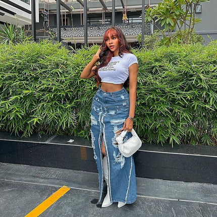 Women's Denim Distressed Ripped High-waisted Zipper Splicing Pockets Slit Loose-fitting Maxi Skirt