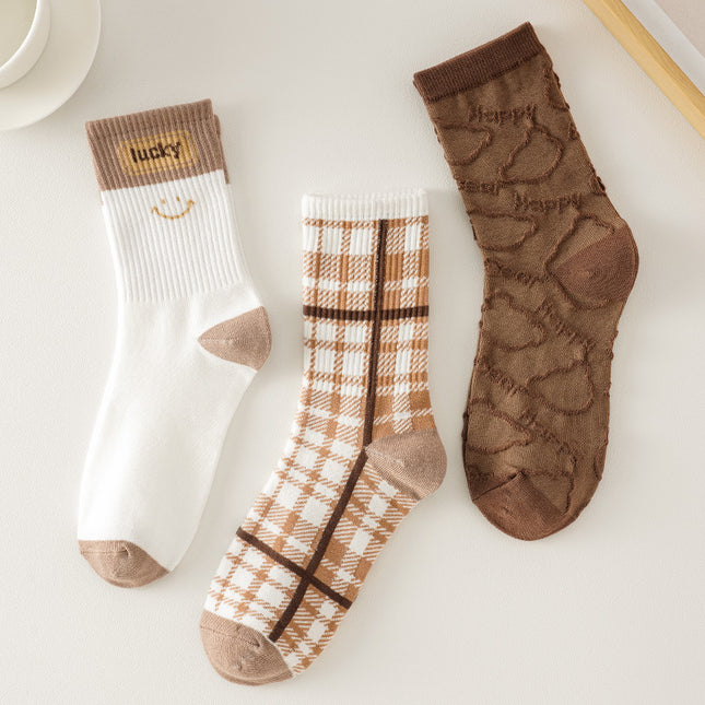 Women's Fall Winter Striped Cotton Pile Socks Plaid Smiley Mid-calf Socks 