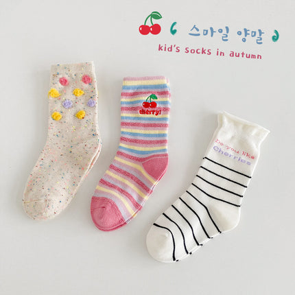 Wholesale 3 Paris of Children's Fall Cherry Flower Mid-calf Socks