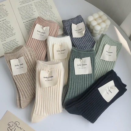 Wholesale Women's Fall Winter Cotton Socks Solid Color Pile Socks Striped Wool Socks