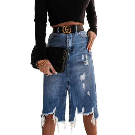 Women's Summer Denim Washed Irregular Hole Tassel Mid-length Skirt