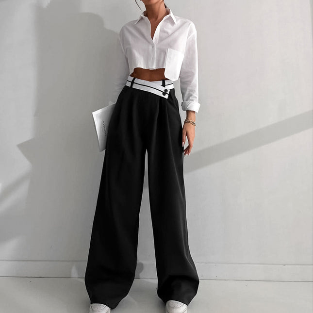 Wholesale Ladies Trousers Casual Pants Summer Wide Leg Pants Stitching Black Trousers