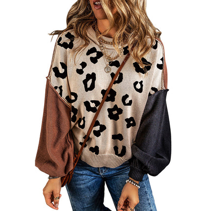 Wholesale Women's Autumn Leopard  Color Block Pullover Long Sleeve Sweater Top