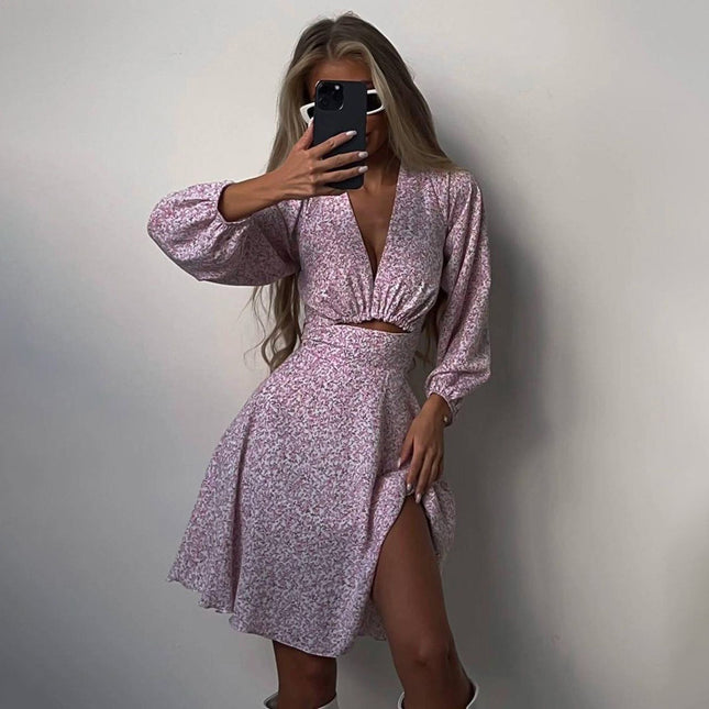 Women's Summer Long Sleeve V Neck Printed French Dress