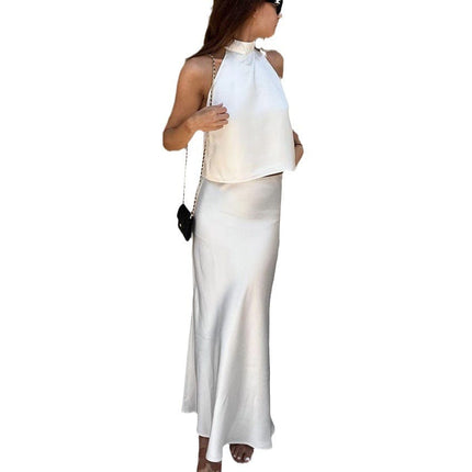 Wholelsale Women's Acetate Satin Halter Neck Vest High Waist Long Skirt Two-Piece Set
