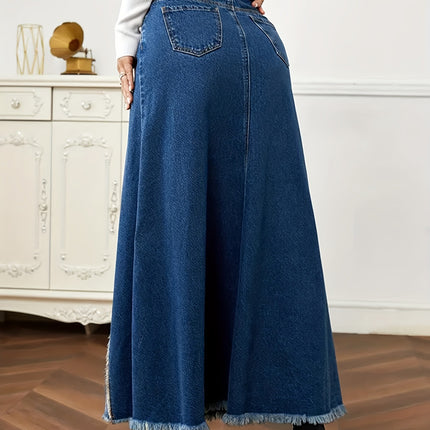 Wholesale Women's Frayed Color Block High Waist Washed Slit Raw Edge Denim Skirt