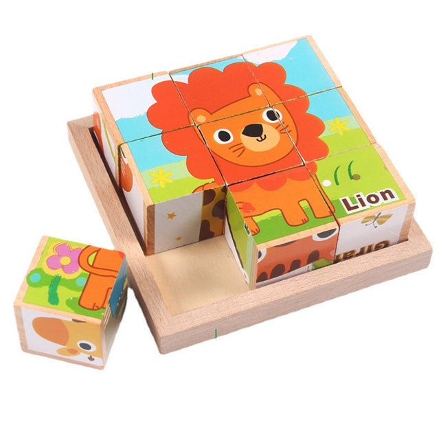 Wholesale Wooden Building Blocks Traffic Animal Six-sided Picture Puzzle Toy 