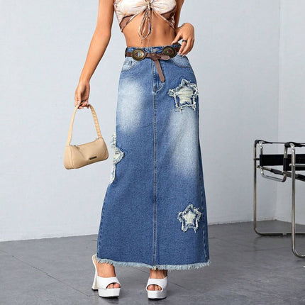 Wholesale Women's Frayed High-waist Slit Raw Edge Maxi Denim Skirt