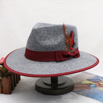 Wholesale Men's Fall Winter Woolen Jazz Bow Feather Felt Top Hat Wide Brim Jazz Hat 
