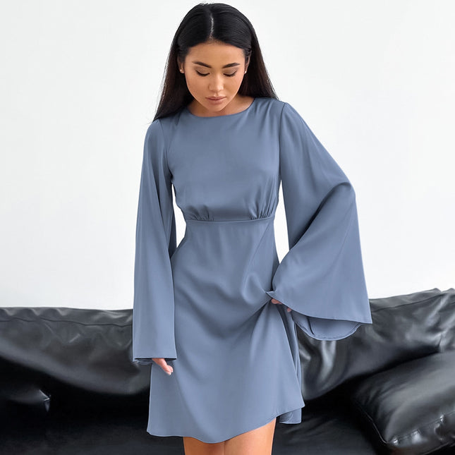 Women's Spring Summer Fashion Sexy Trumpet Sleeve Satin Mini Dress