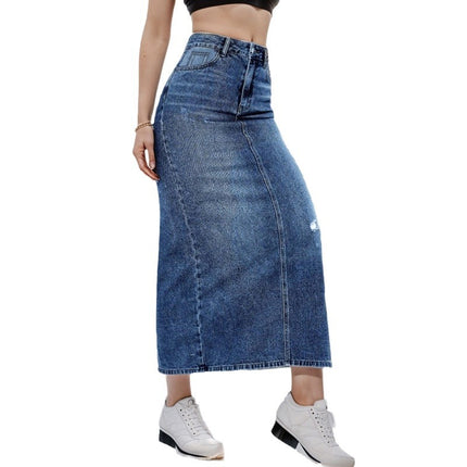 Wholesale Women's Ripped High-waisted Denim Skirt with Splits