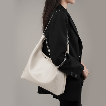 Women's Large Capacity Chain Tote Bag Fashionable Cowhide Shoulder Bag 