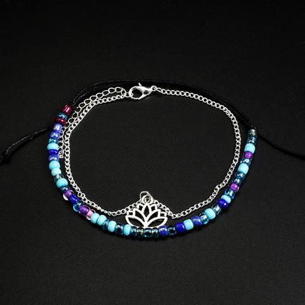 Hollow Leaves Colorful Beaded Leaves Flower Lotus Anklet Two-piece Set