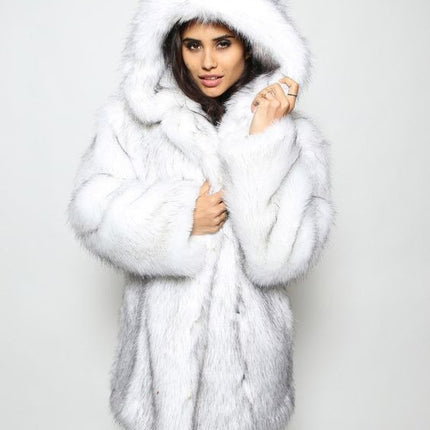 Wholesale Women's Fox Fur Hooded Mid Length Faux Fur Coat