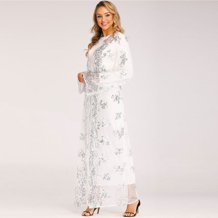 Muslim Cardigan Sequin Embroidered Lace Ladies Long Dress