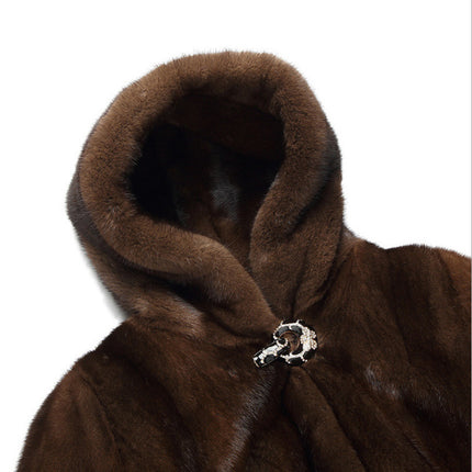 Abrigo largo con capucha de piel sintética para mujer