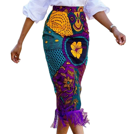 High Waist Print Stitching Tassel Party Plus Size Ladies Skirt