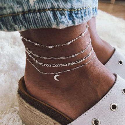 Moon Rice Bead Chain Wrapped Alloy Anklet Anklet 4 Pieces