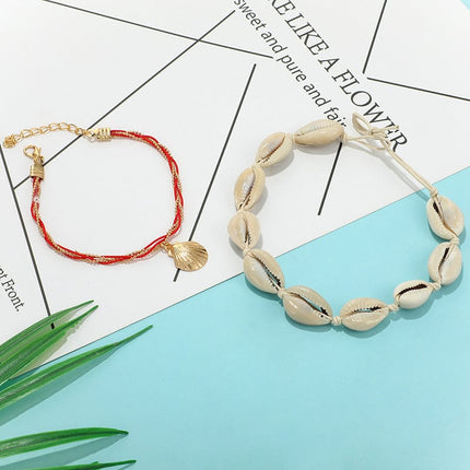 Wrapped Red Rope Shell Clam Shell Pendant Alloy Anklet