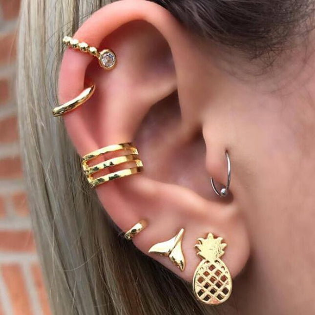 Porous Fishtail Pineapple Fruit Combination 7 Piece Stud Earrings