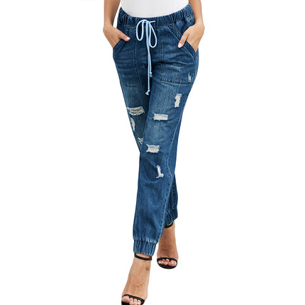 Wholesale Women's Drawstring Waist Destroyed High Rise Washed Jeans