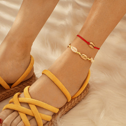 Small Red Rope Bead Shell Pendant Beach Alloy Anklet