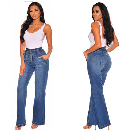 Wholesale Women's High Waist Wide Leg Skinny Belt Jeans