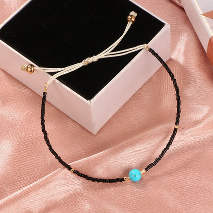 Fashion Simple Handwoven Rice Bead Cord Geometric Turquoise Anklet