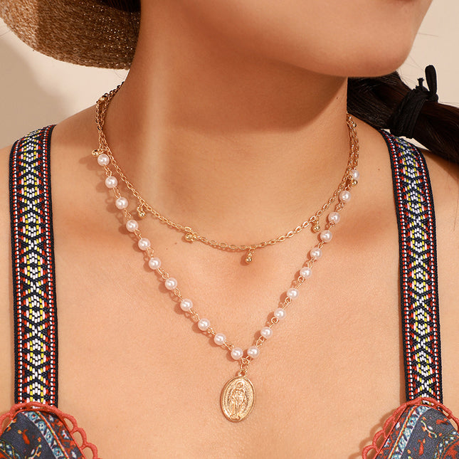 Perlen-Jesus-Anhänger-Halskette Geometrische geschichtete Halskette