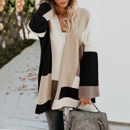 Ladies Oversize Loose Geometric Color Blocking Sweater Coat