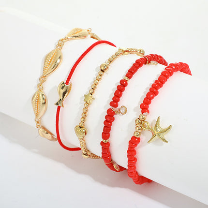 Red Rope Shell Small Fish Starfish Anklet 5-Piece Set