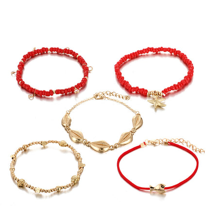 Red Rope Shell Small Fish Starfish Anklet 5-Piece Set