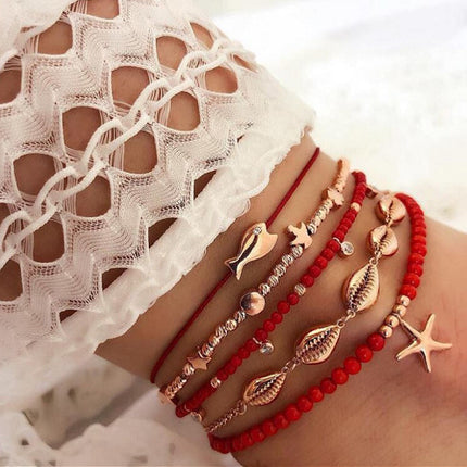 Red Rope Shell Small Fish Starfish Anklet 5-Piece Set