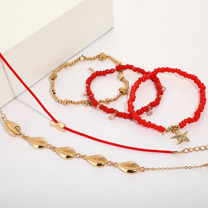 Red Rope Shell Small Fish Starfish Anklet 5-Piece Set