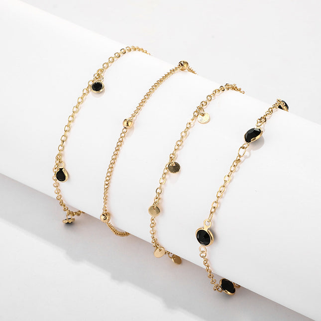 Simple Black Rhinestone Gold Bead Tassel Anklet 4 Piece Set Combination