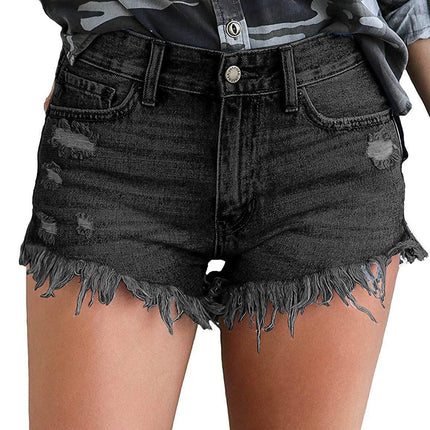 Wholesale Ladies Ripped Hem Slit Tassel Hem Denim Shorts