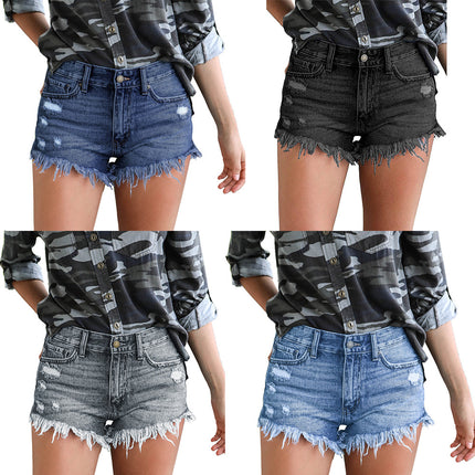 Wholesale Ladies Ripped Hem Slit Tassel Hem Denim Shorts