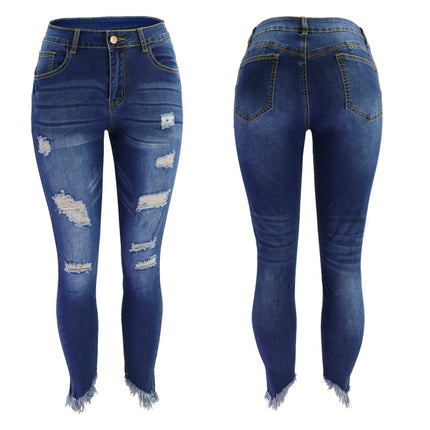 Wholesale Women's Blue Denim Jeans With Ripped Irregular Tassels