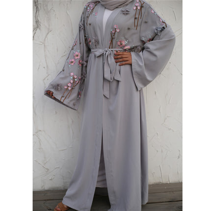 Muslim Floral Mesh Loose Tie Cardigan Robe