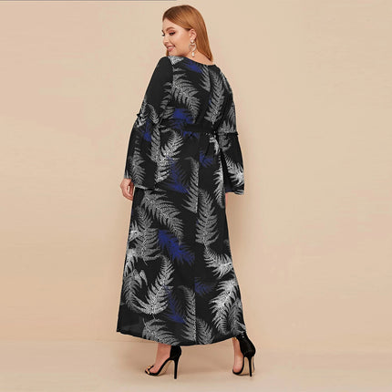 Robe Muslim Print Langarm Panel Plus Size Damenkleid